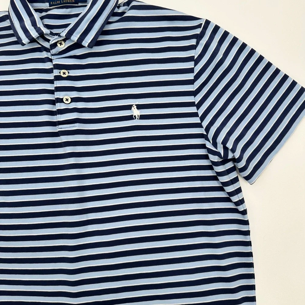 Polo Ralph Lauren Navy Blue Light Blue Striped Polo Shirt Preppy‎ Size Large